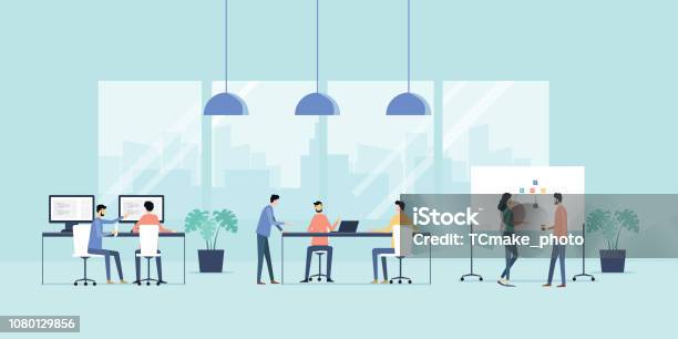 Flat Vector Illustration Group Business Team Meeting And Working Collaboration In Office Workplace Concept Stock Illustration - Download Image Now