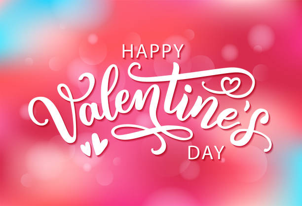 Happy Valentines Day hand drawn text greeting card. Vector illustration. Happy Valentines Day with hearts shape greeting card on colorful background. Hand drawn text lettering for Valentines Day Vector illustration. Calligraphic design for print cards, banner, poster happy stock illustrations