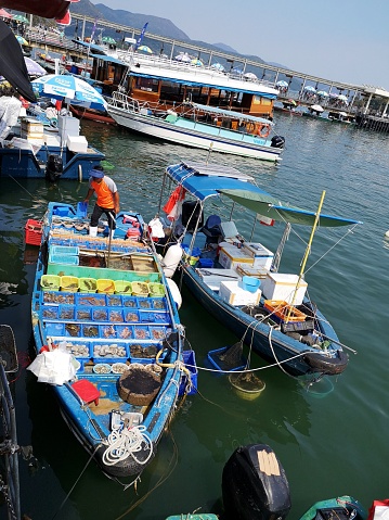 Local man selling fresh fish and seafood directly from the boats in Sai Kung Town harbor, a town on Sai Kung Peninsula, in the New Territories, Hong Kong.