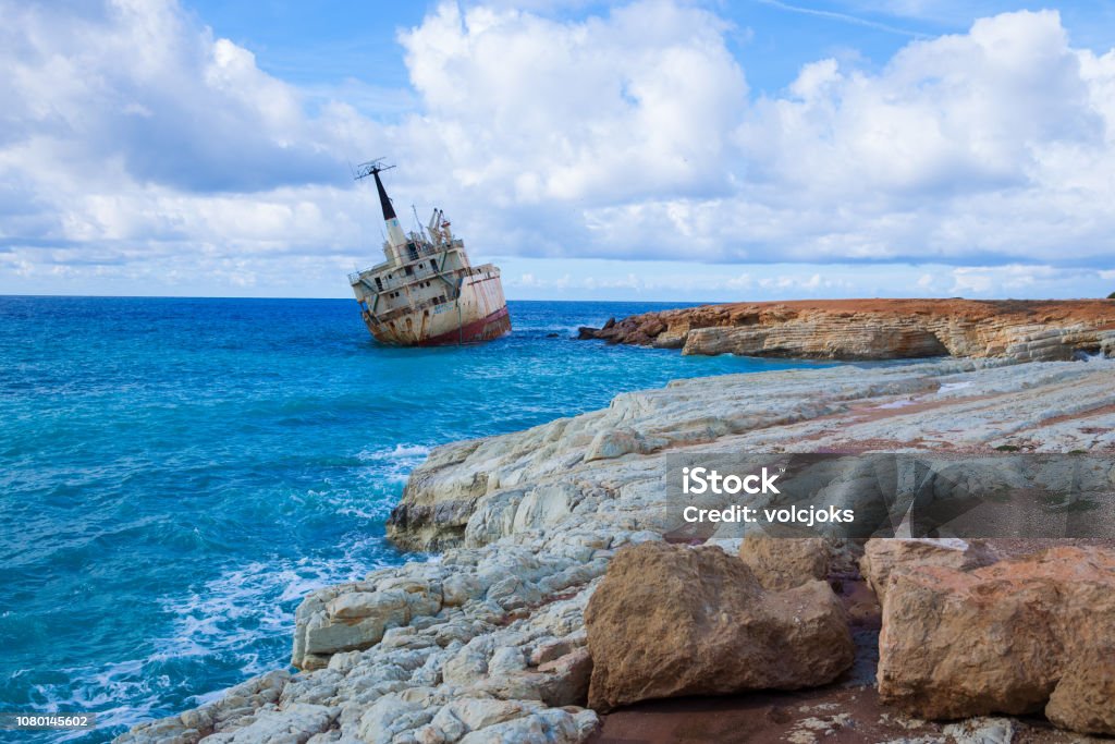 City Paphos, Cyprus. Goust old wreck ship and blue water beach. Travel photo 2018, december. Landscape and nature. Ghost Ship Stock Photo