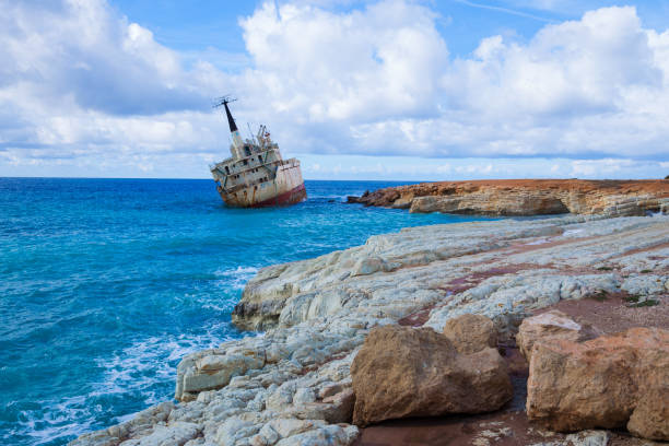City Paphos, Cyprus. Goust old wreck ship and blue water beach. Travel photo 2018, december. Landscape and nature. City Paphos, Cyprus. Goust old wreck ship and blue water beach. Travel photo 2018, december. Landscape and nature. ghost ship stock pictures, royalty-free photos & images