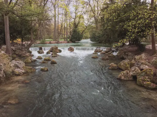 Photo of Artificial river flowing thru the English garden famous city park in Munich