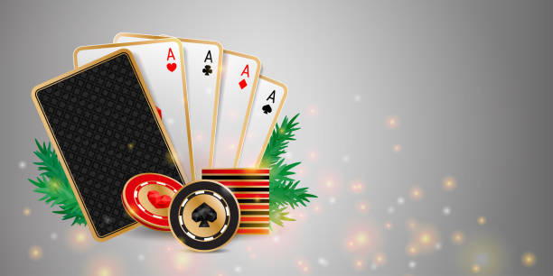 Christmas poker banner Shiny Christmas casino banner with playing cards, chips and fir branches on grey background. Holiday poker hand christmas casino stock illustrations