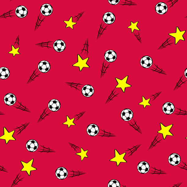 nahtlose textur. roten hintergrund. fußbälle und sternschnuppen mit aktionslinien. vektor-illustration im comic-stil - jugendfußball stock-grafiken, -clipart, -cartoons und -symbole