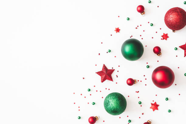 istock Christmas composition. Christmas red and green decorations on white background. Flat lay, top view, copy space 1080166736