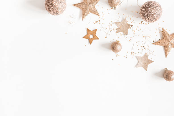 istock Christmas composition. Christmas golden decorations on white background. Flat lay, top view, copy space 1080167608