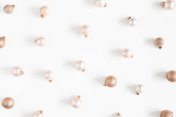 istock Christmas composition. Christmas beige balls on white background. Flat lay, top view 1080168002