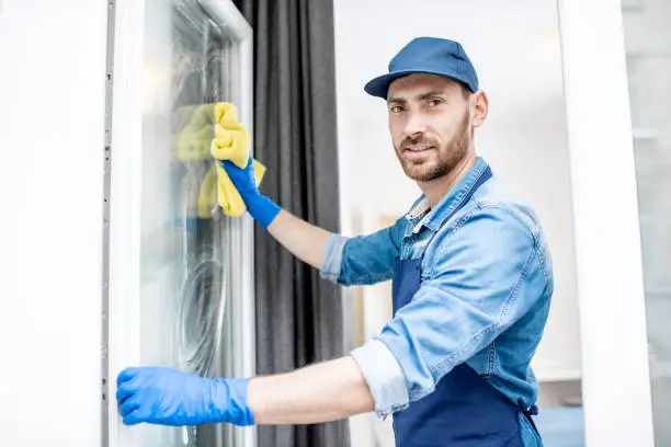 Photo of Man as a professional cleaner washing window