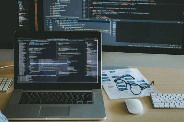 istock Laptop with programming and coding technology. Website design Safety of the social world Cyberspace concept 1080179288
