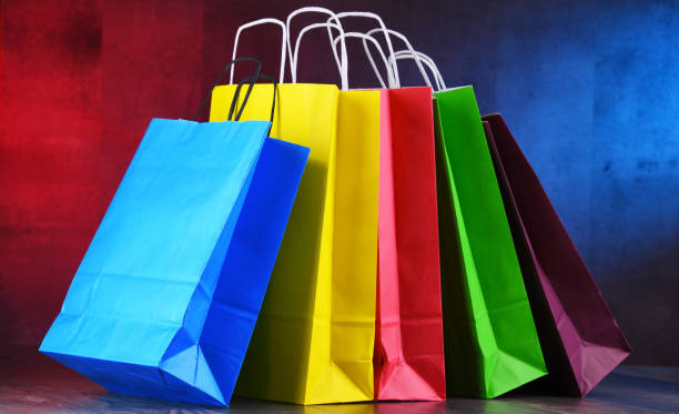 istock Composition with colorful paper shopping bags 1080183484