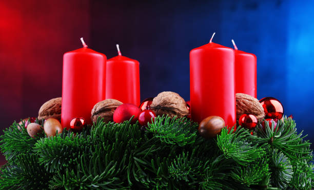 istock Traditional Advent Christmas decoration with spruce and candles 1080184016