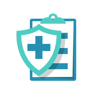 Medical insurance icon. Patient protection. Medical report sign. Clipboard and shield with a cross as a symbol insurance. Vector illustration flat design. Isolated on white background.