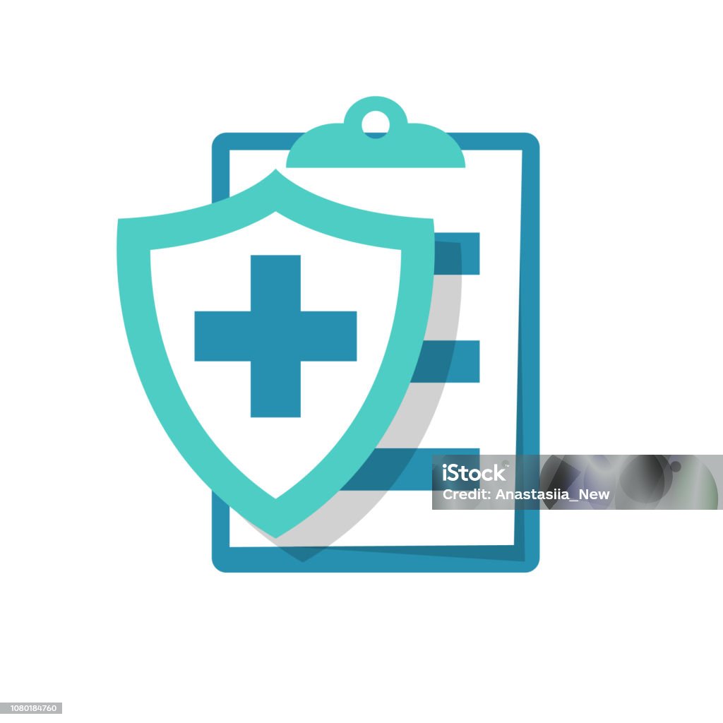 Medical insurance icon. Patient protection Medical insurance icon. Patient protection. Medical report sign. Clipboard and shield with a cross as a symbol insurance. Vector illustration flat design. Isolated on white background. Icon Symbol stock vector