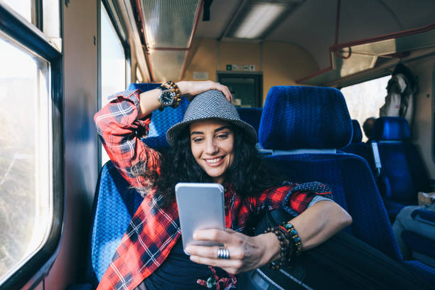 istock Woman traveling with train and using smart phone 1080193856