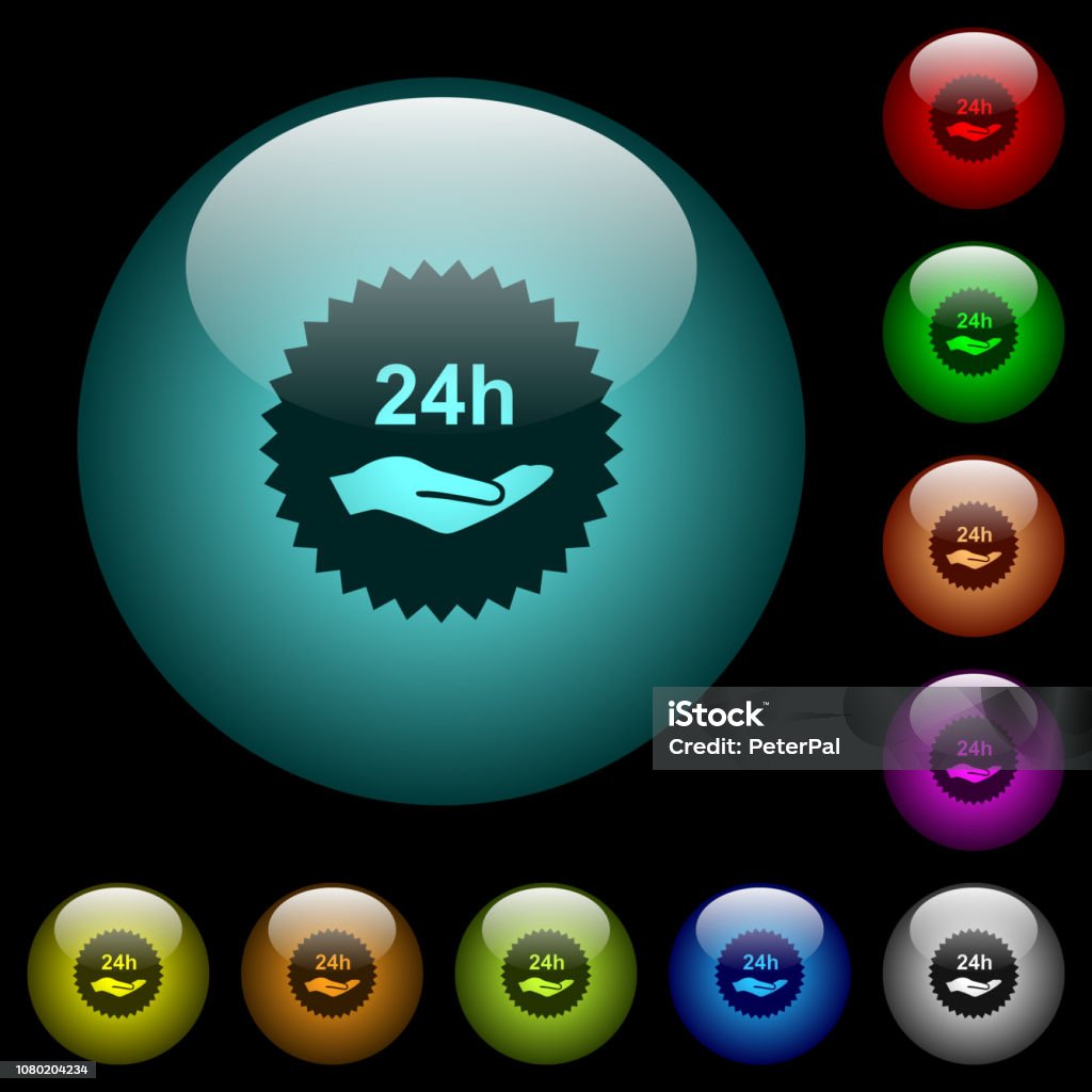 24h service sticker icons in color illuminated glass buttons 24h service sticker icons in color illuminated spherical glass buttons on black background. Can be used to black or dark templates 24 Hrs stock vector