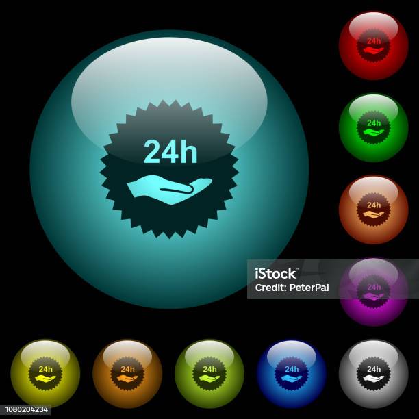 24h Service Sticker Icons In Color Illuminated Glass Buttons Stock Illustration - Download Image Now