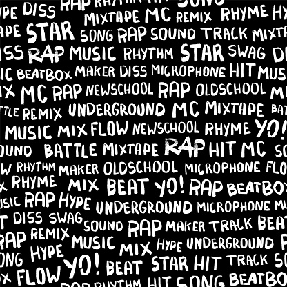 Seamless pattern with words on the rapper theme. Words rap, music, beat, battle, hit, underground, mix and others. Hand drawn ink brush illustration on black
