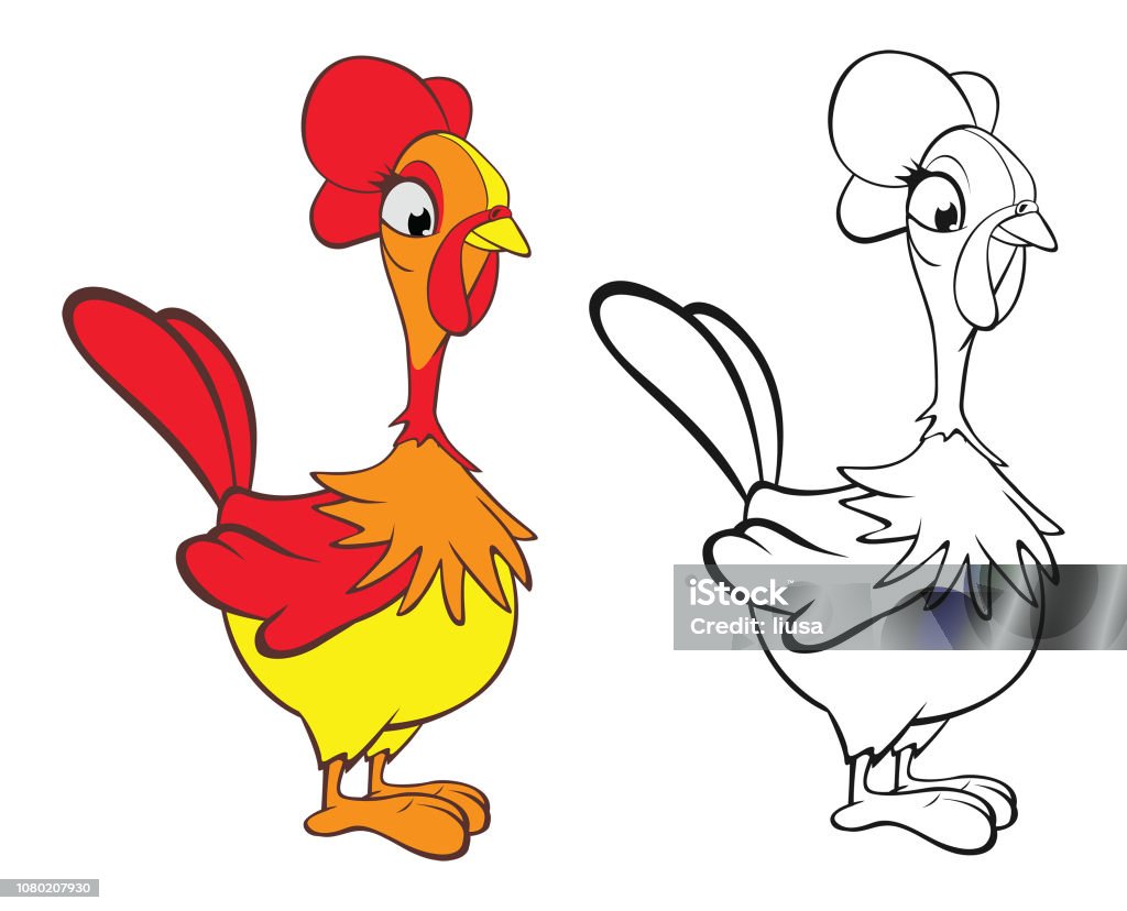 Illustration of  Cute Little Chicken Cartoon Character Coloring Book Little cheerful yellow chicken and him it is black white option Animal stock vector