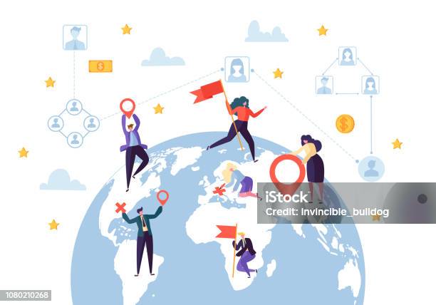Global Business Social Profile Connection Worldwide Businessman Communication Network Concept Earth Globe Design Flat Cartoon Vector Illustration Stock Illustration - Download Image Now