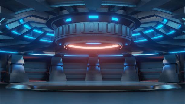 istock Empty light blue studio room futuristic Sci Fi big hall room 1080213578