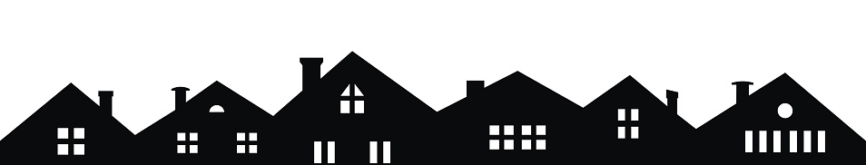 City, vector icon, black and white silhouette of houses. Buildings with smoke stacks and windows. A number of villas with a view from the front. Different types of windows and chimneys.