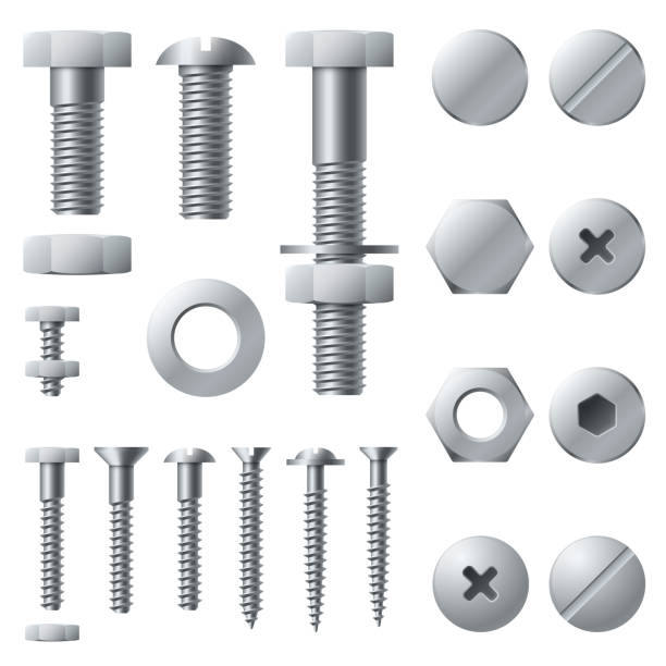 Metal screws. Bolt screw nut rivet head steel construction elements. Realistic bolts isolated vector set Metal screws. Bolt screw nut rivet head steel construction elements. Grey realistic bolts isolated vector set metal stud stock illustrations