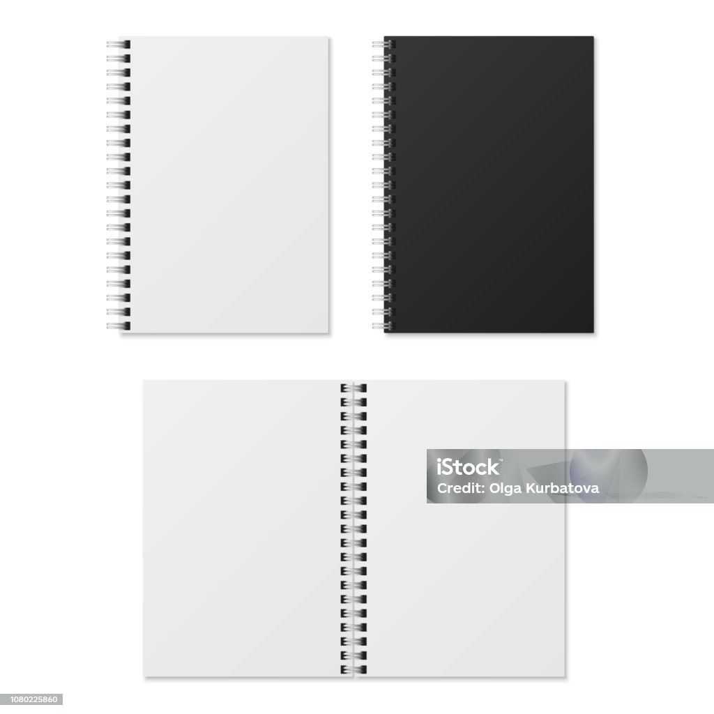 Realistic notebook. Blank open and closed spiral binder notebooks. Paper organizer and diary vector template isolated Realistic notebook. Blank open and closed spiral binder notebooks. Black and white paper organizers and diary vector template isolated Note Pad stock vector