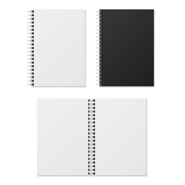 Realistic notebook. Blank open and closed spiral binder notebooks. Paper organizer and diary vector template isolated Realistic notebook. Blank open and closed spiral binder notebooks. Black and white paper organizers and diary vector template isolated report templates stock illustrations