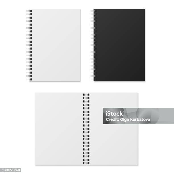 Realistic Notebook Blank Open And Closed Spiral Binder Notebooks Paper Organizer And Diary Vector Template Isolated Stock Illustration - Download Image Now