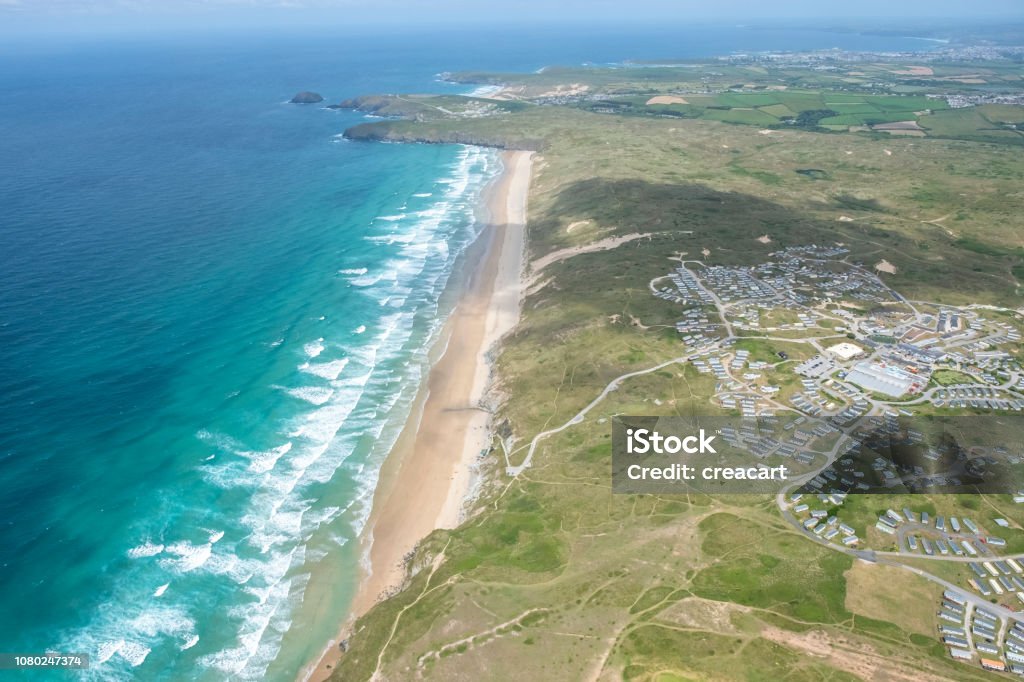 Aerial Views along Perranporth Beach, Newquay, Cornwall on a sunny June day. Newquay Stock Photo