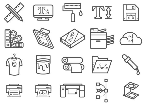Graphic design & Print Line icons set Graphic design & Print Line icons set screen printing stock illustrations