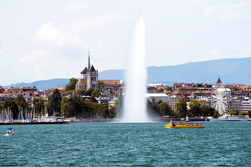 City of Geneva landscape with Jet d'Eau fountain in Switzerland