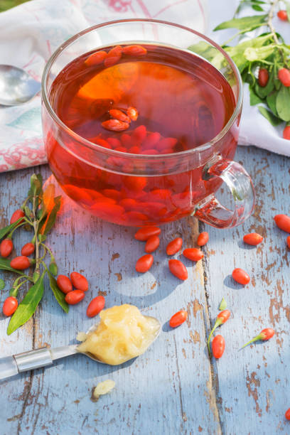 istock Fresh goji berries tea in a glass cup on a wooden table 1080256022