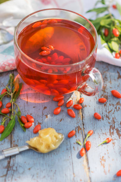 istock Fresh goji berries tea in a glass cup on a wooden table 1080256048