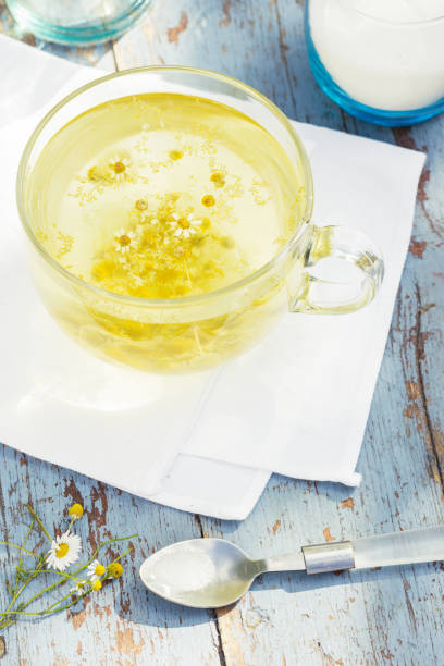 istock Fresh chamomile blossom tea in a glass cup on a wooden table 1080256290