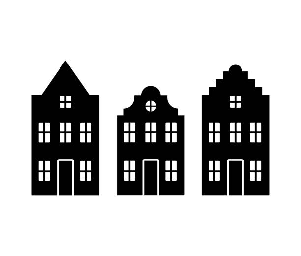 Vector set of traditional old Europe buildings like Amsterdam houses Vector set of traditional old Europe buildings like Amsterdam houses. Isolated black simplified silhouette netherlands stock illustrations