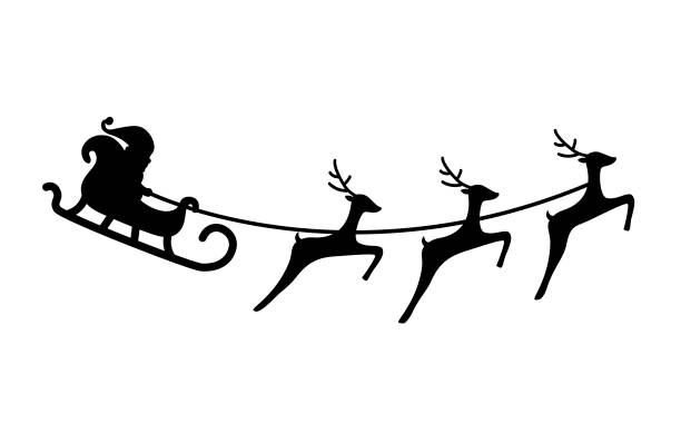 Vector illustration with Santa Claus on the sleigh with three reindeers. Black silhouette Vector illustration with Santa Claus on the sleigh with three reindeers. Black silhouette. Flat cartoon style santa sleigh cutout stock illustrations