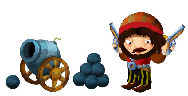 istock cartoon scene with pirate man and old cannon on whtie background 1080261508