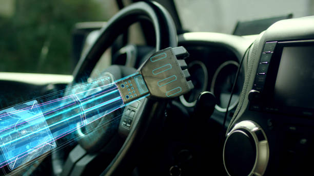 istock Autonomous car. Robot hand helping on the car steering wheel. 1080262736