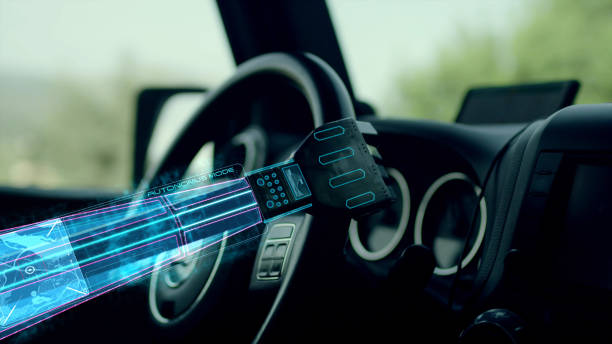 istock Autonomous car. Robot hand helping on the car steering wheel. 1080262742