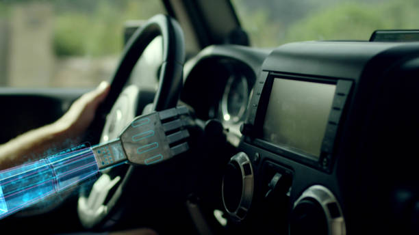 istock Autonomous car. Robot hand helping on the car steering wheel. 1080262748