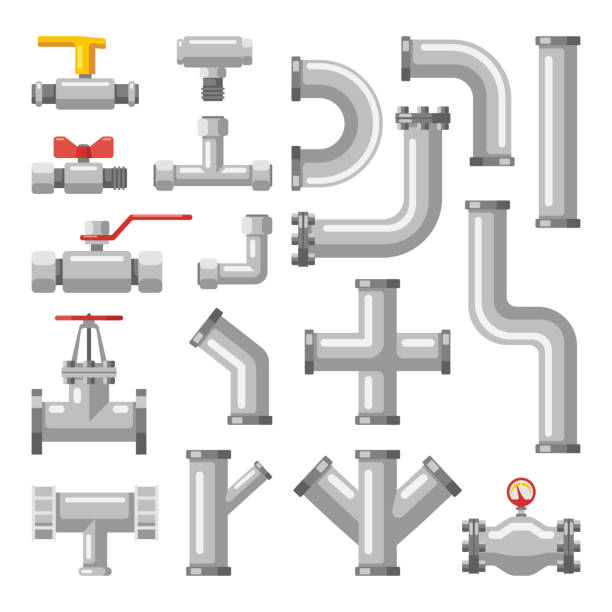 Pipe or pipeline parts, valves for water, oil, gas Set of isolated pipe parts, tube crosses and valves for water and oil, gas, metal industrial pipeline icons for engineering. Chemical industry, sewer and plumbing, heating, fuel technology theme pipe smoking pipe stock illustrations