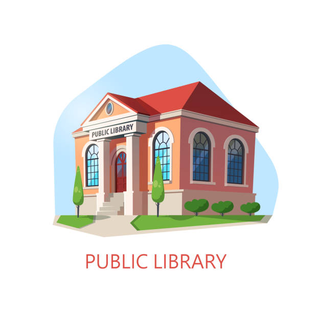 Public library building, construction for reading Public library or building for reading. Isometric construction for children knowledge. Exterior view at structure for books or magazine. Architecture panorama and social institution theme facade stock illustrations