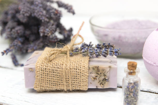 istock Natural lavender soap with lavender flowers on it 1080266452