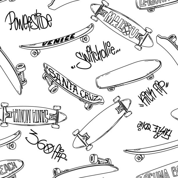 illustrazioni stock, clip art, cartoni animati e icone di tendenza di motivo senza cuciture con skateboard a cartoni animati e trucco per l'iscrizione ai graffiti, sfondo skate. - skateboarding