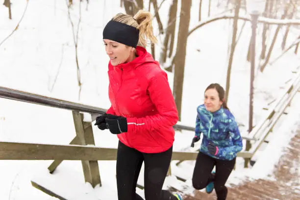 Photo of Group of friends enjoying jogging in the snow in winter