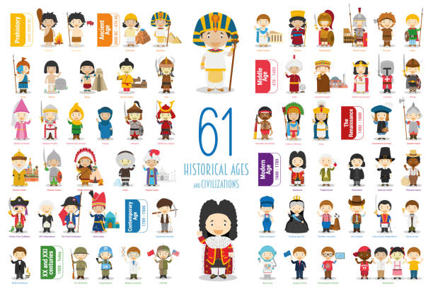 ilustraciones, imágenes clip art, dibujos animados e iconos de stock de colección de personajes de niños vector: conjunto de civilizaciones en estilo de dibujos animados y 61 años de edad histórica. - historical person