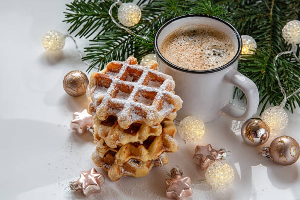 istock Christmas background.Breakfast waffles with coffee. 1080272574