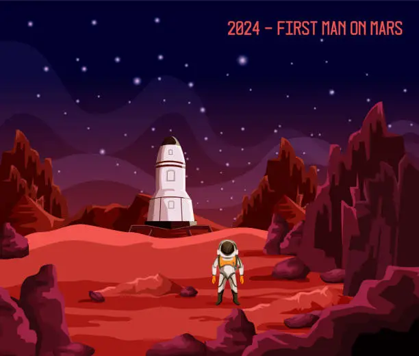 Vector illustration of Astronaut or spaceman as first man on Mars