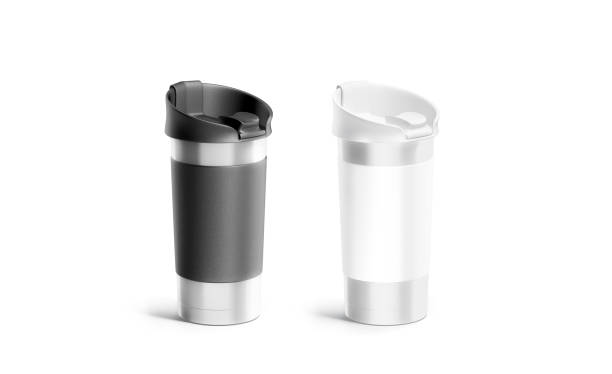 istock Blank silver travel mug black and white sleeve mockup set 1080277528